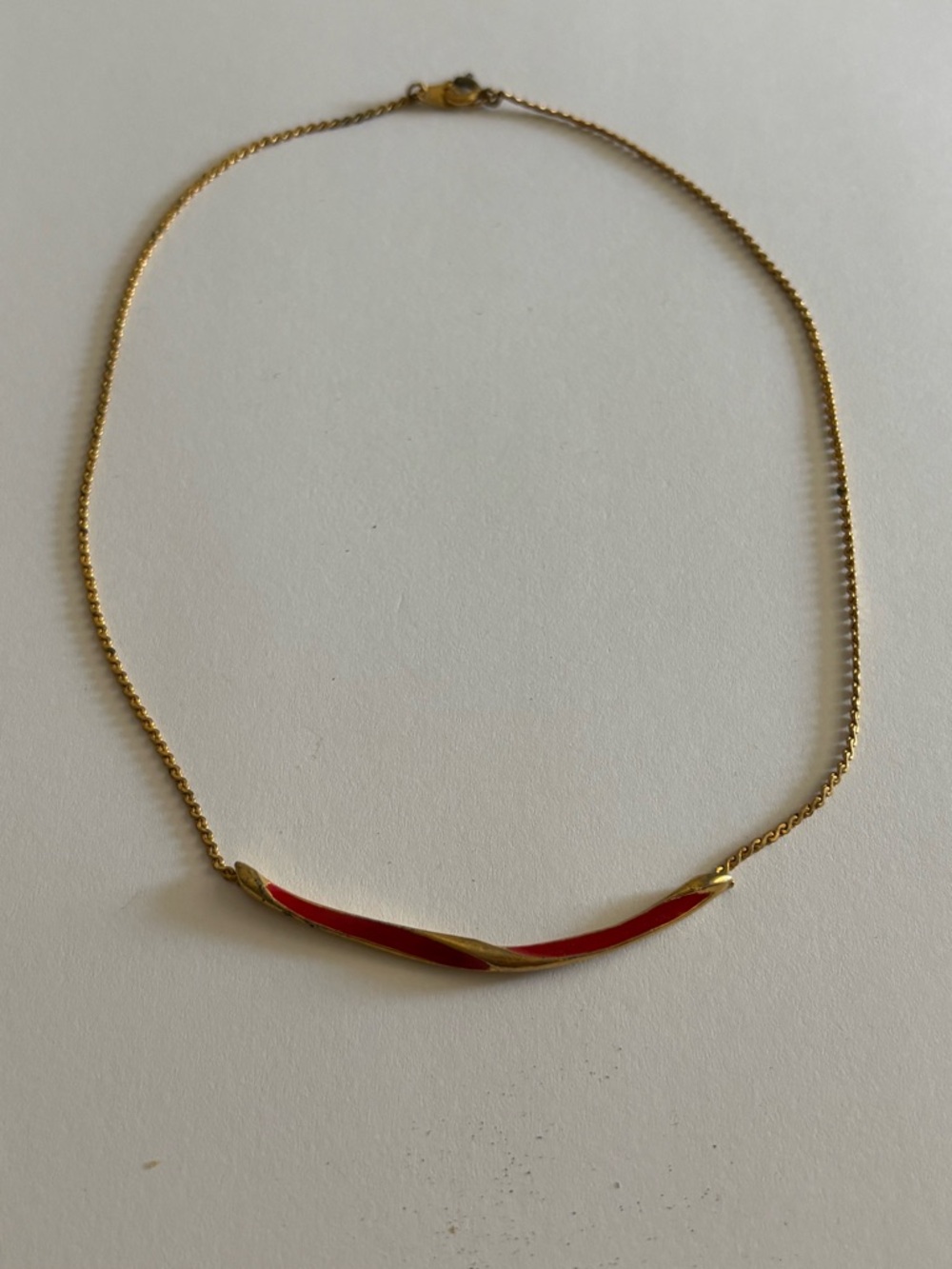 Vintage signed ART Gold-Tone Necklace with Red Enamel Twist Bar - Women Jewelry